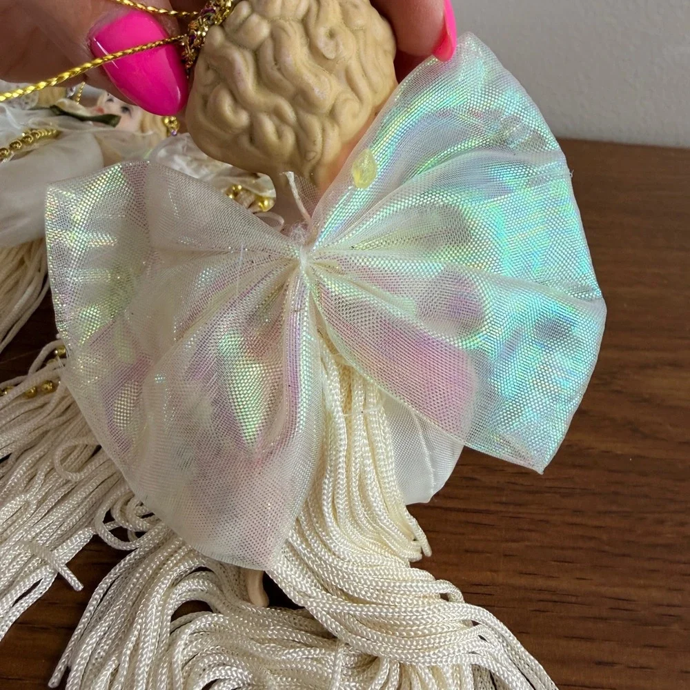 Vintage Set of 4 Porcelain Head Angel Christmas Ornaments White Tassel Star